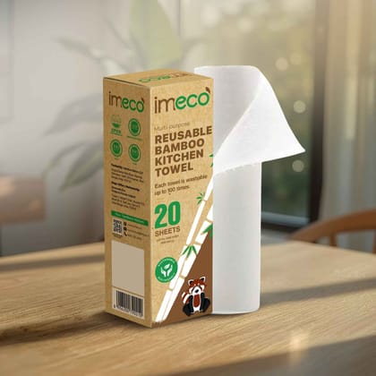 Imeco Reusable Bamboo Kitchen Towel Roll (20 Sheets, Pack of 1) | Ultra-Absorbent Natural Fiber | Kitchen Cleaning & Spills