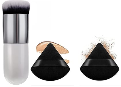 1 Round Foundation Makeup Brush, 2 pieces MakeupSponge Blender (Foundation brush, 2 Pieces Triangle Powder Puffs Face CosmeticPowder Puff Washable Reusable Soft Plush Powder Sponge Makeup Sponge) 1 Round Foundation Makeup Brush, 2 pieces MakeupSponge Ble