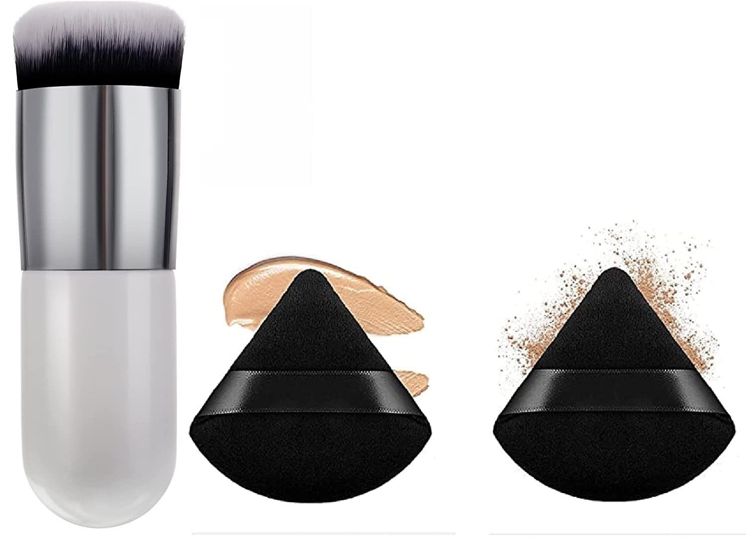 1 Round Foundation Makeup Brush, 2 pieces MakeupSponge Blender (Foundation brush, 2 Pieces Triangle Powder Puffs Face CosmeticPowder Puff Washable Reusable Soft Plush Powder Sponge Makeup Sponge) 1 Round Foundation Makeup Brush, 2 pieces MakeupSponge Ble