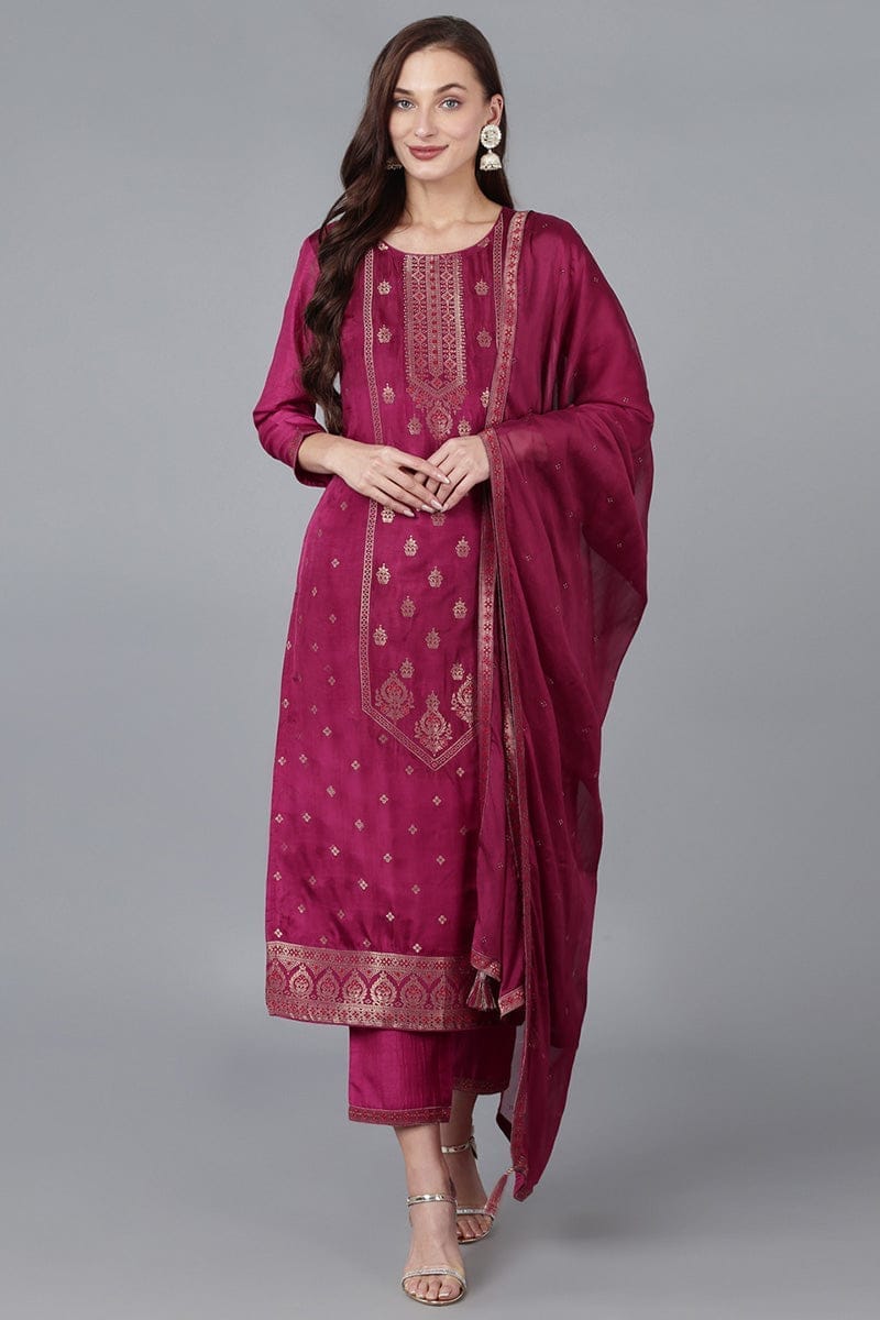 Red Viscose Rayon Solid Straight Kurta Trousers With Dupatta PKSKD1741