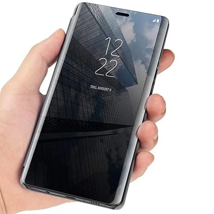 Realme 6 Pro Clear View Electroplate Mirror Protective Leather Flip Cover with Glass  Premium, Stylish, and Durable Case for Ultimate Protection and Functionality.