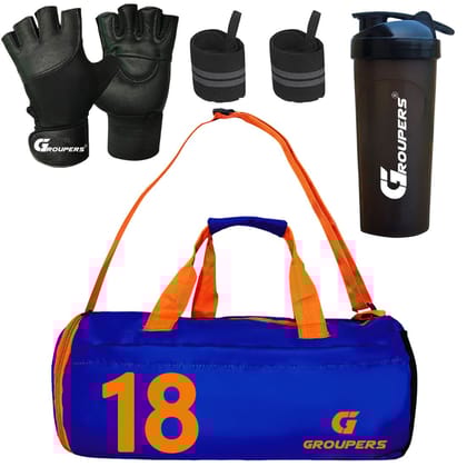 GROUPERS Combo Set of Duffle Polyester Bag with Shaker Bottle-700ml, Gloves & Wrist Band (Blue 18)