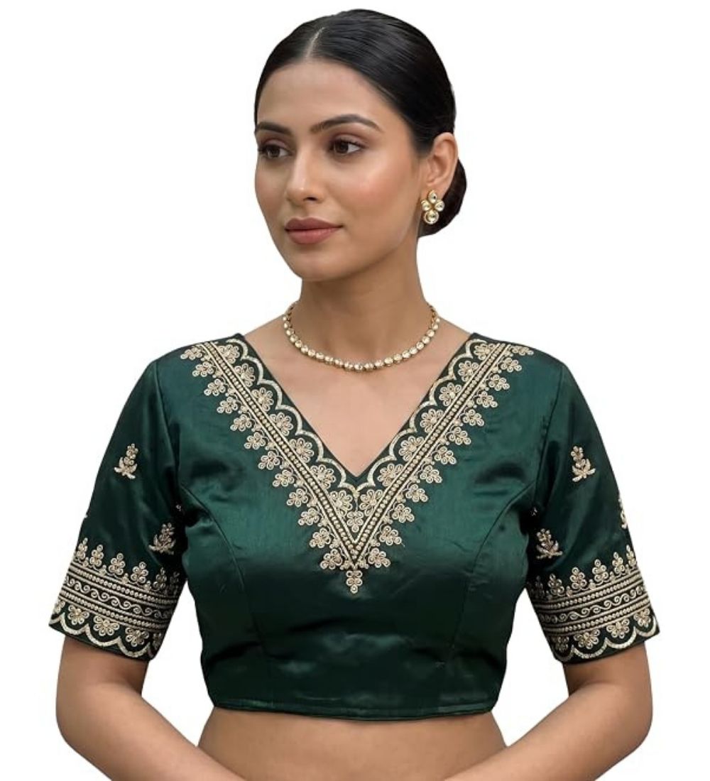Women's Satin Embroidered Half sleeve V-Neck Padded Readymade Blouse (Dark Green, Size 38 - Self-Alterable 36–40)
