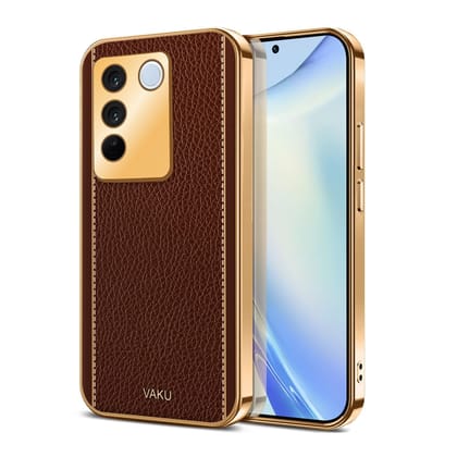 Vaku Luxos Luxemberg Back Cover for Vivo V27 with Leather Pattern Gold Electroplated Soft TPU Cover Shockproof Protective Case- Brown Vaku Luxos Luxemberg Back Cover for Vivo V27 with Leather Pattern Gold Electroplated Soft TPU Cover Shockproof Protective Case- Brown