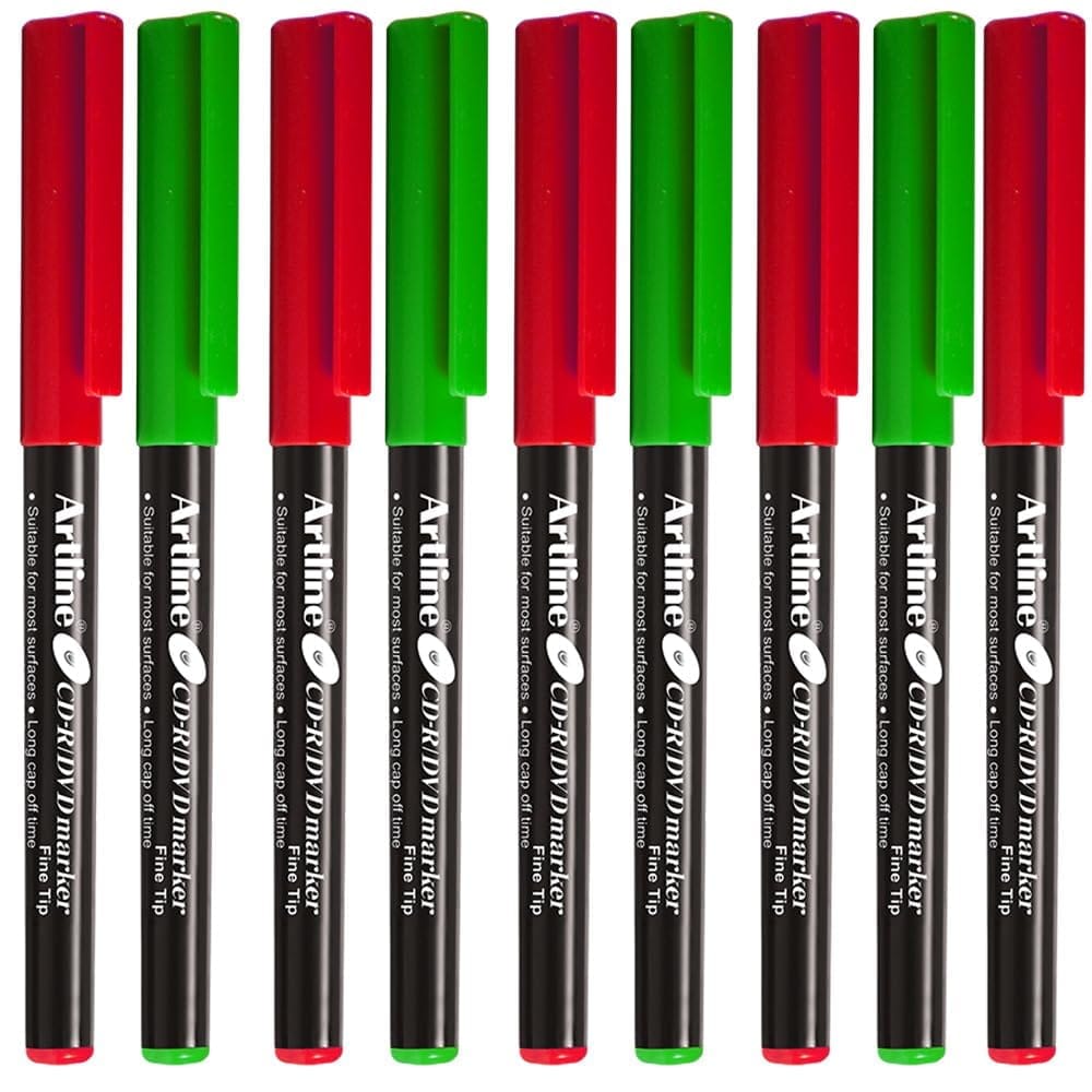 Artline CDR/DVD Marker Red Pack of 10 X 3 Packs, Green Pack of 10 X 2 Packs (50 DVD's Markers) | On Multiple Surface: Metal, Plastic/OHP, Glass/Porcelain & Carton