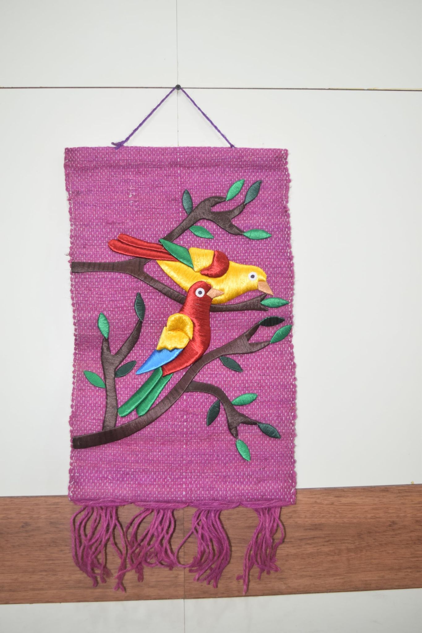 Handmade Bird Wall Decor, Purple Woven Fabric with Embroidered Birds, Tree Branch Design, Decorative Textile Art