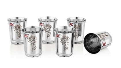 RK Stainless Steel Water Glasses Pari-7 Design with Laser Flower Design | Capacity: 300 ML | Set of 6 Glasses