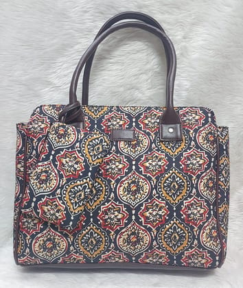 Multicolour Cotton Azrak Print Jute Tote Bag with Complimentary Pouch
