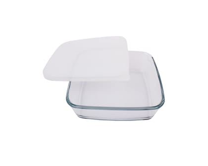 Borosil 800ml Baking & Serving Square Shape Dish with White Lid | Borosilicate Glass Bakeware and Serveware Tray