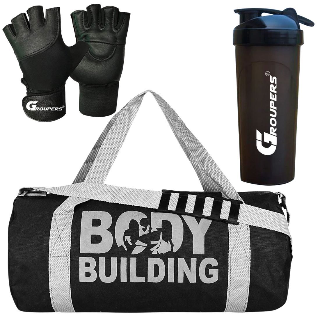 GROUPERS Duffle Canvas Bag with Shaker Bottle-700Ml & Gloves