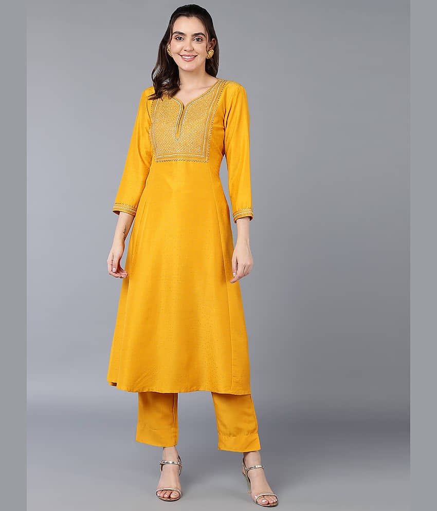 Vaamsi Silk Blend Embroidered A-line Women's Kurti - Mustard ( Pack of 1 )