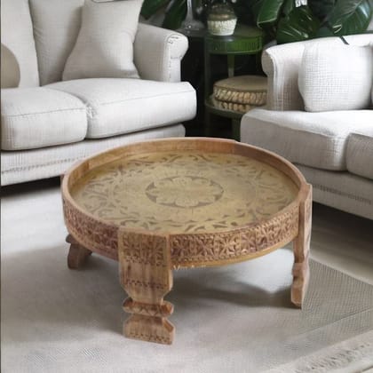 Indian Beautiful Carved Brass Chakki Table | Exclusive Round Coffee Table for Home Decor