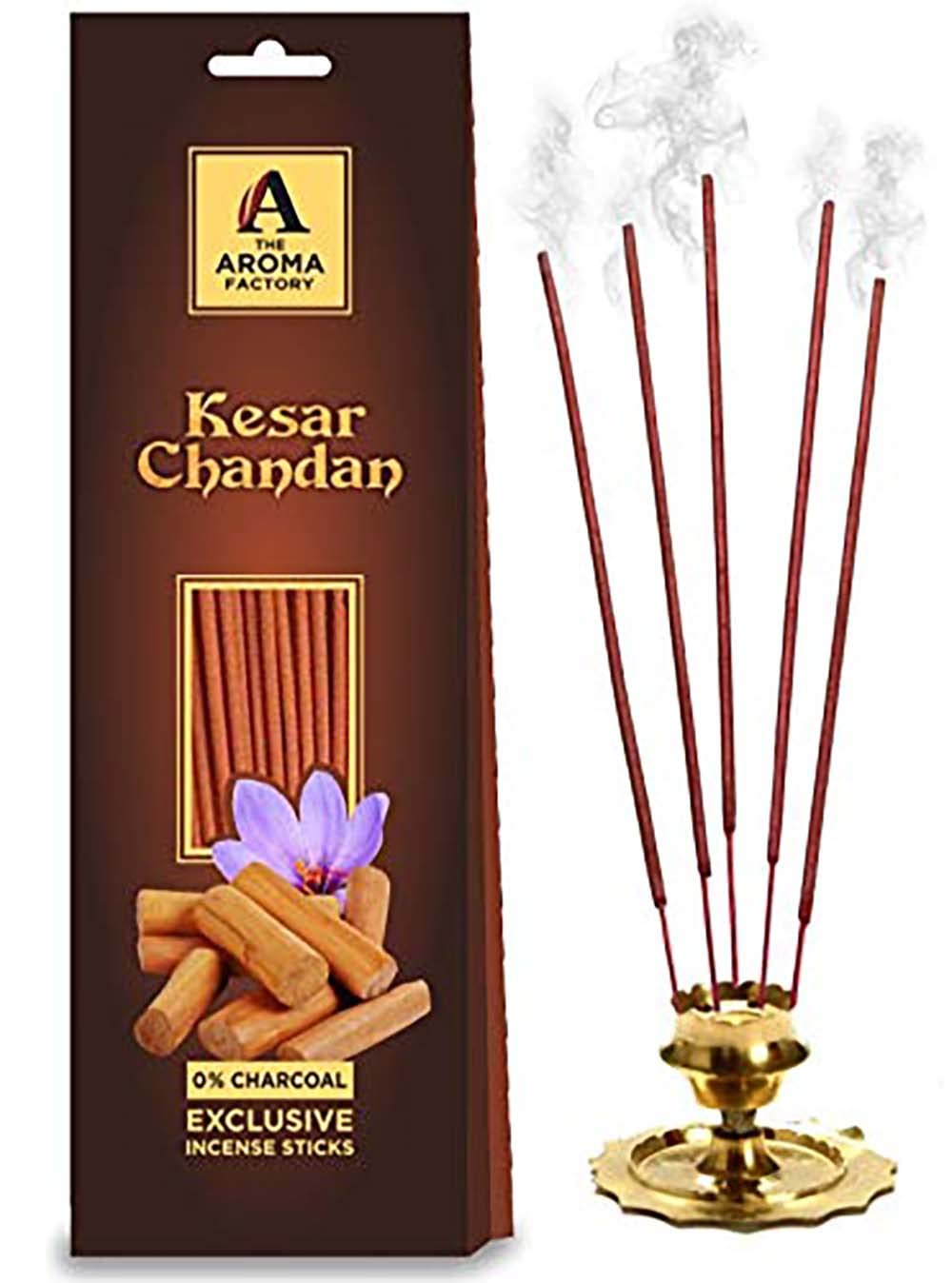 The Aroma Factory Kesar Chandan Agarbatti for Pooja, Saffron Sandal Incense Sticks, Charcoal Free & Low Smoke Agarbatti with Essential Oils & Natural Fragrance for Home, Offices (30Sticksx1Packet)