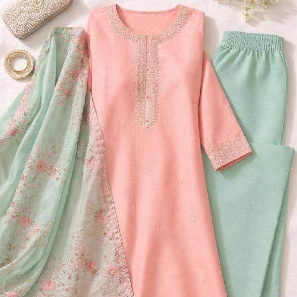 Premium Muslin Kurti Set in Peach with Sea Green Pant