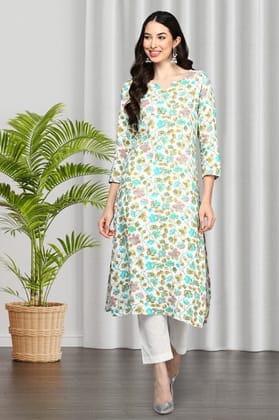 White Viscose Rayon Floral A-Line Kurta VCK9414