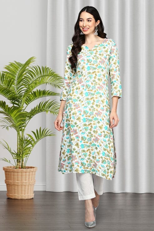White Viscose Rayon Floral A-Line Kurta VCK9414