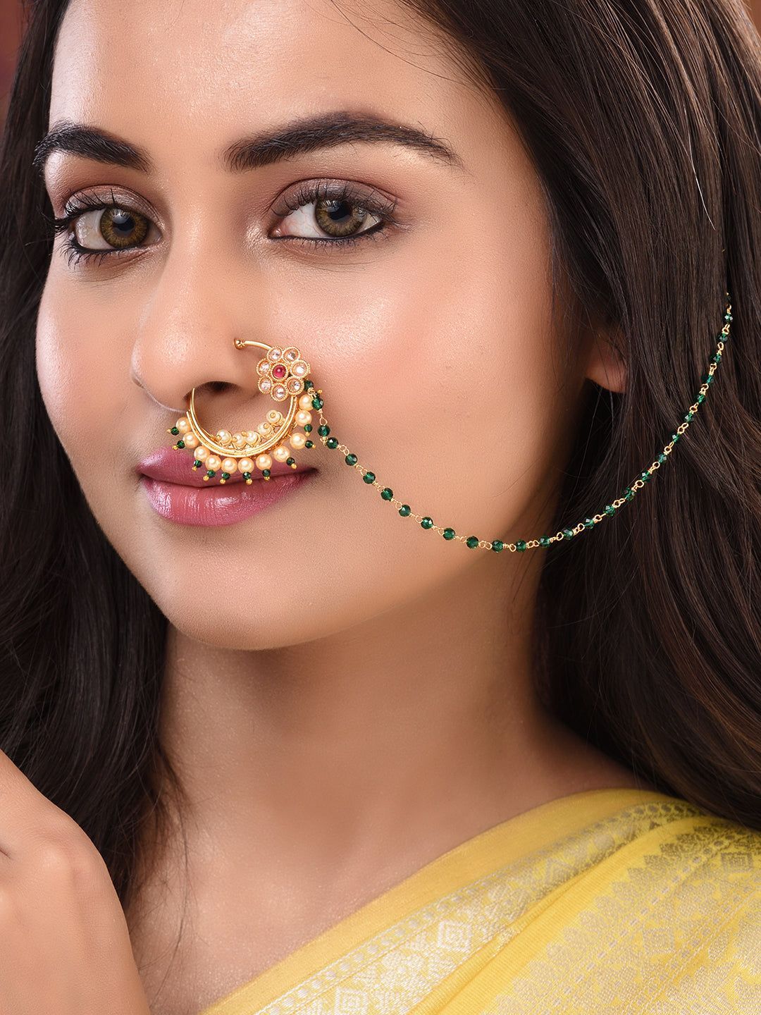 Gold Plated Studded & Beaded Floral Nose Ring Chain