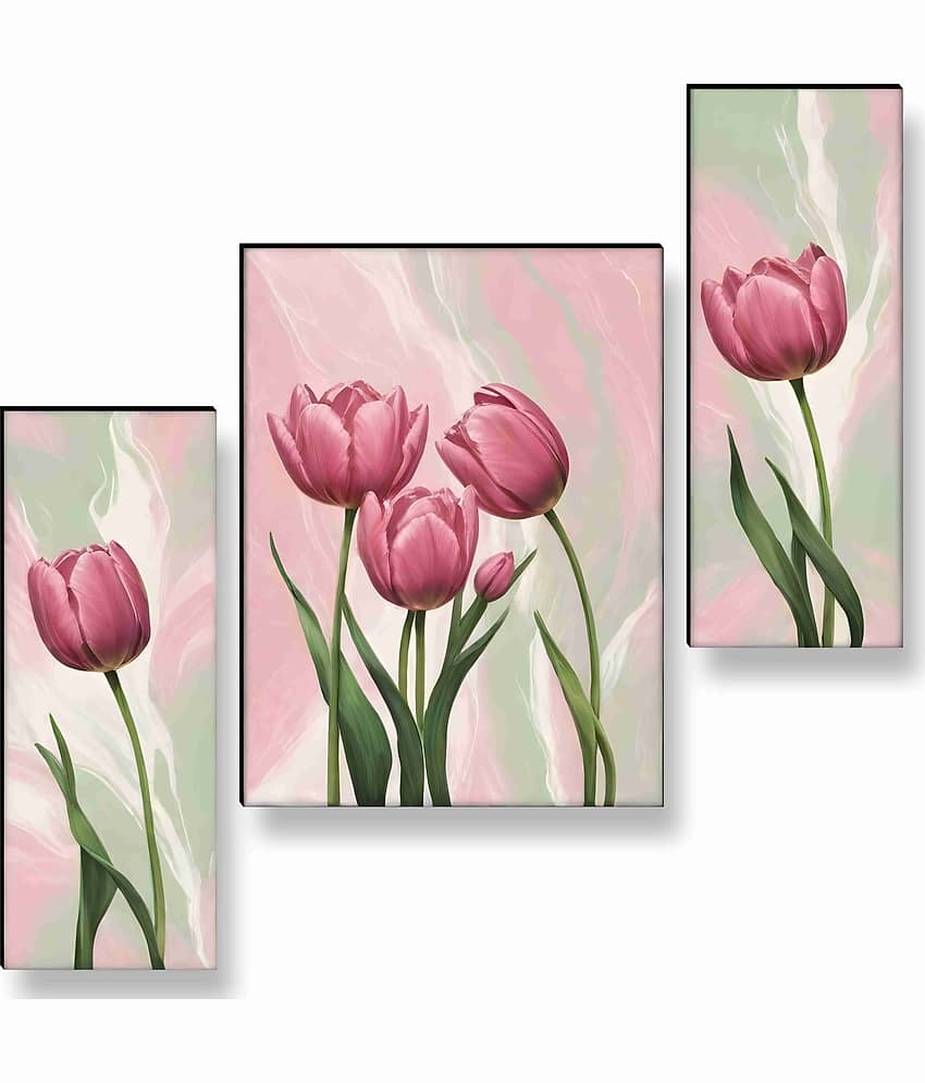 SAF Soft Pink Tulip Wall Art – 3 Panel Modern Botanical Flower Painting in Pastel Green Background for Bedroom & Nature-Loving Décor 12 Inch x 20 Inch