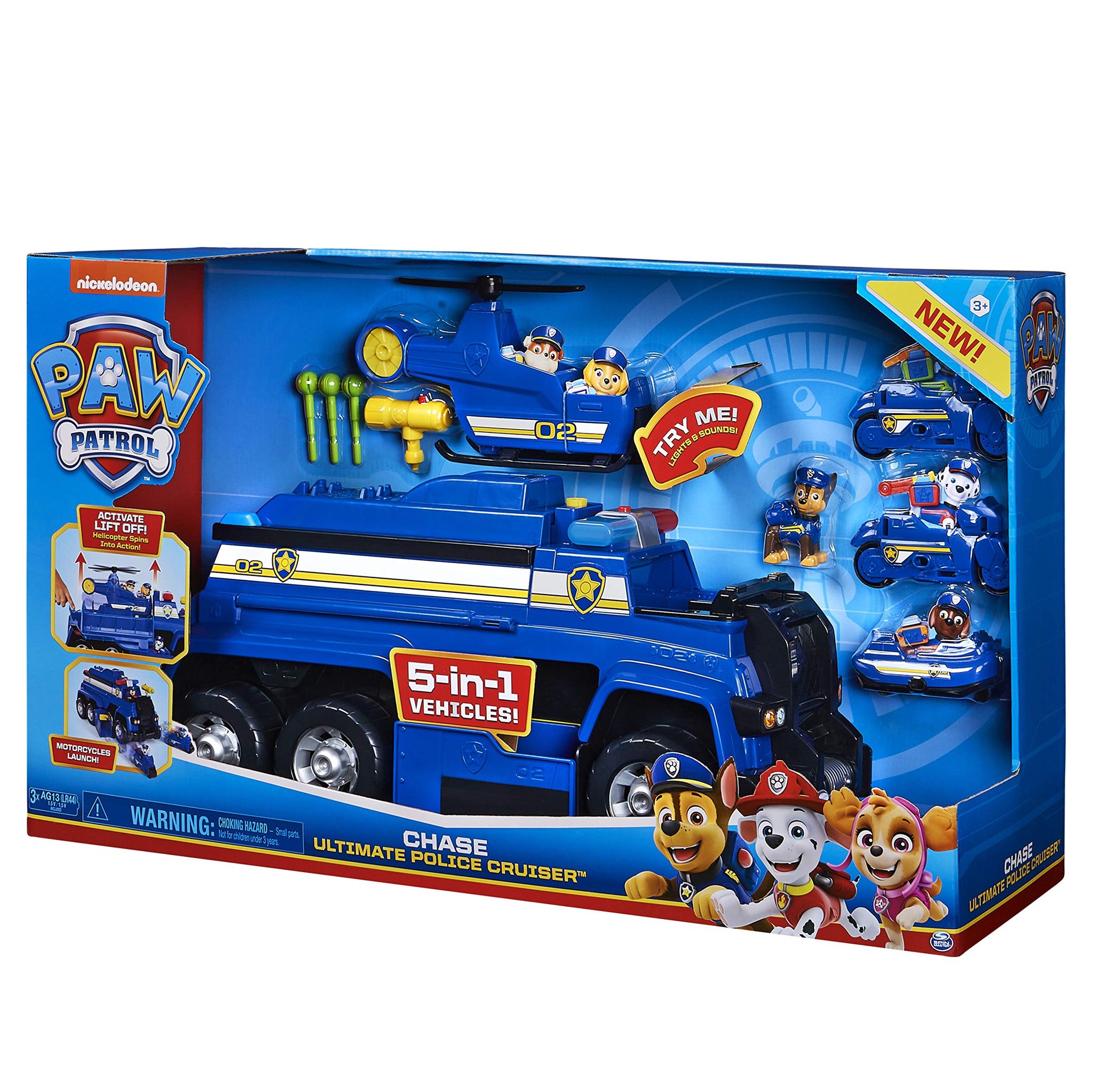 Paw Patrol Chases 5-in-1 Ultimate Police Cruiser - Car with Lights and Sounds, 2 Motorcycle, a Helicopter and a Boat for Kids Aged 3 and up