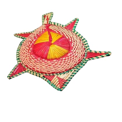 Handcrafted Woven Decorative Container - Colorful Artisanal Vase with Vibrant Pink, Yellow, and Green Shades, Unique Star or Sunburst Shape, Ideal Gift for Home Decor Enthusiasts and Interior Designers Handcrafted Woven Decorative Container - Colorful Artisanal Vase with Vibrant Pink, Yellow, and Green Shades, Unique Star or Sunburst Shape, Ideal Gift for Home Decor Enthusiasts and Interior Designers