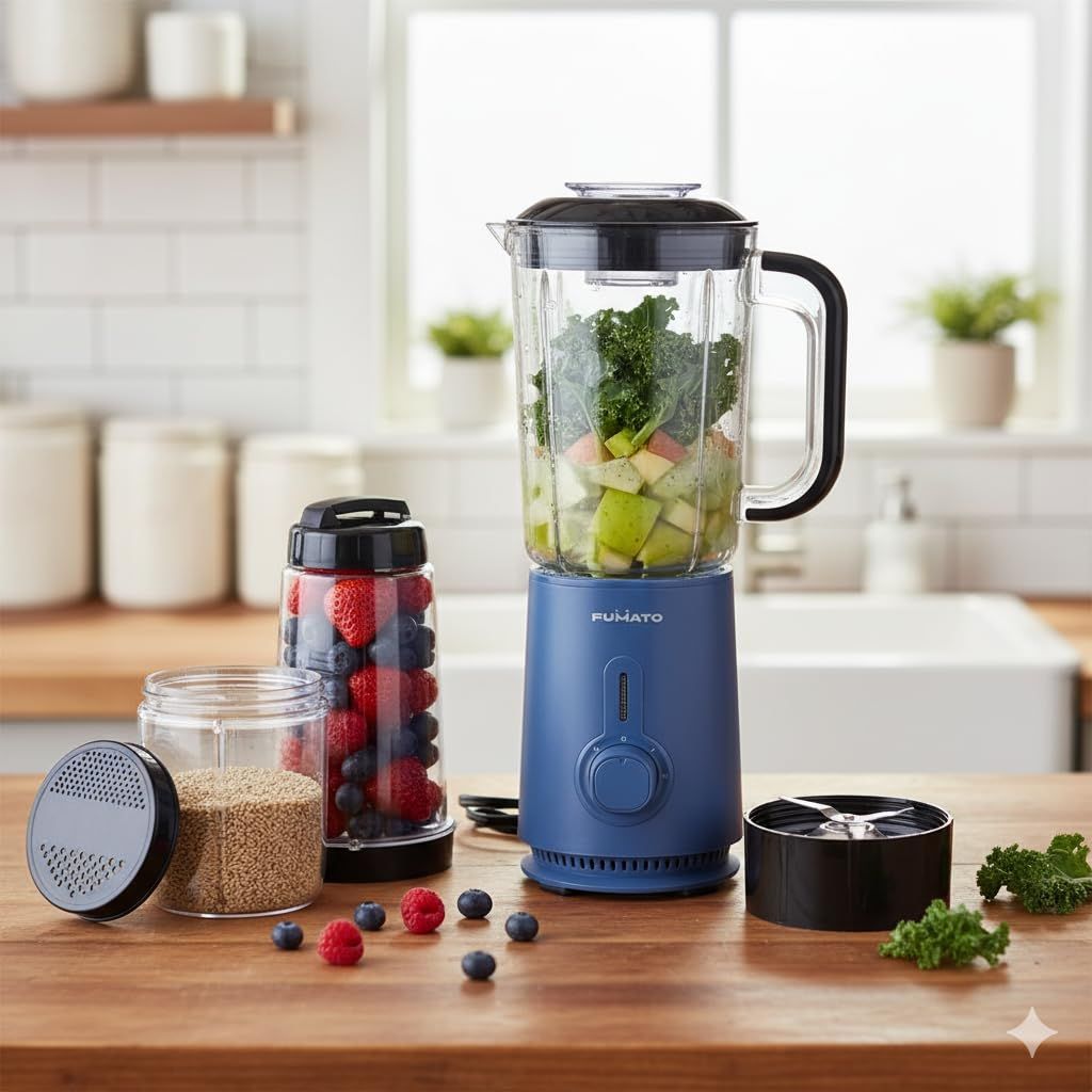 The Better Home Fumato Nutri Blender & Mixer Grinder | 3 Unbreakable BPA Free Jars, Smoothie, Masala, Chutney | 2 Stainless Steel Blades | 3-Speed 100% Copper Motor | 1 Yr Warranty (Midnight Blue) The Better Home Fumato Nutri Blender & Mixer Grinder | 3 