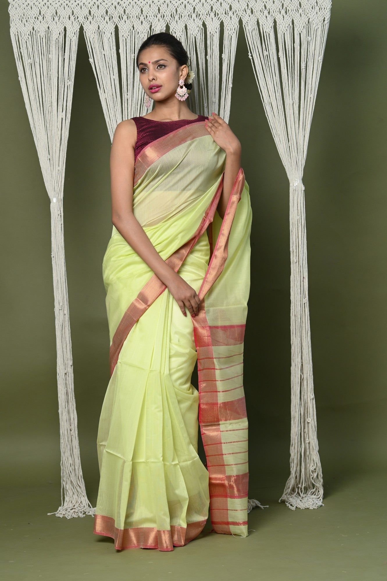 Handloom Cotton Silk Saree With Sleek Golden Border ~ Chartreuse Green