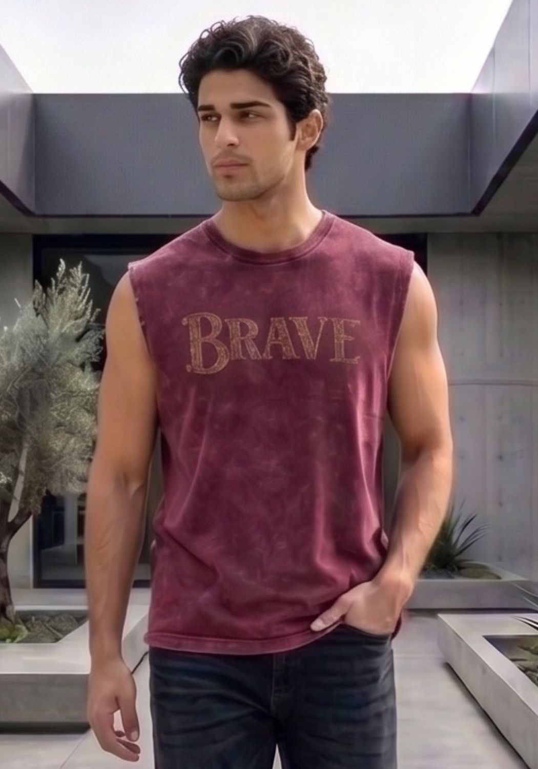 Hue Nox Men's Maroon Brave Graphic Oversized Vest Tank