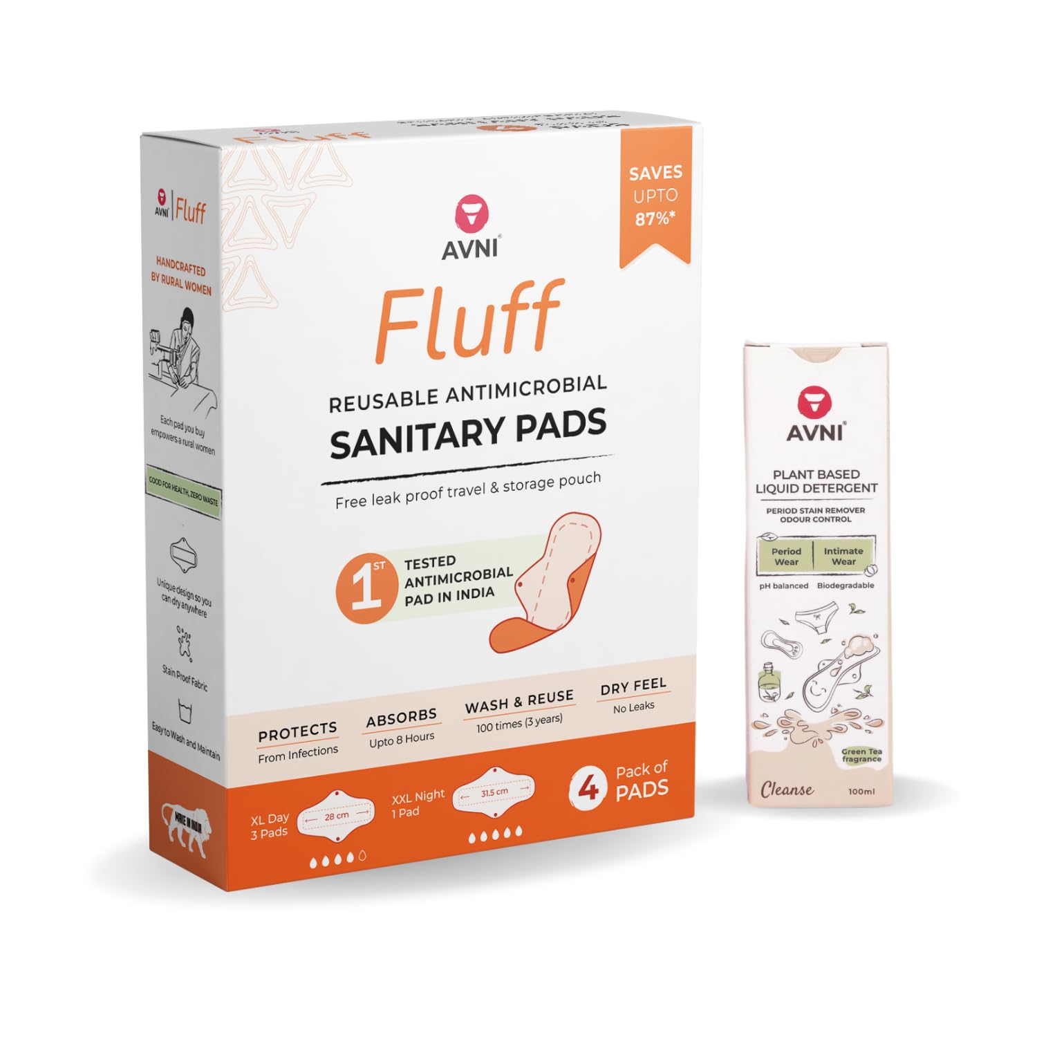 Avni Fluff Washable Cloth Pads, Pack of 4 + Avni Natural Cloth Pad wash - 100ml (Combo Pack of 5)