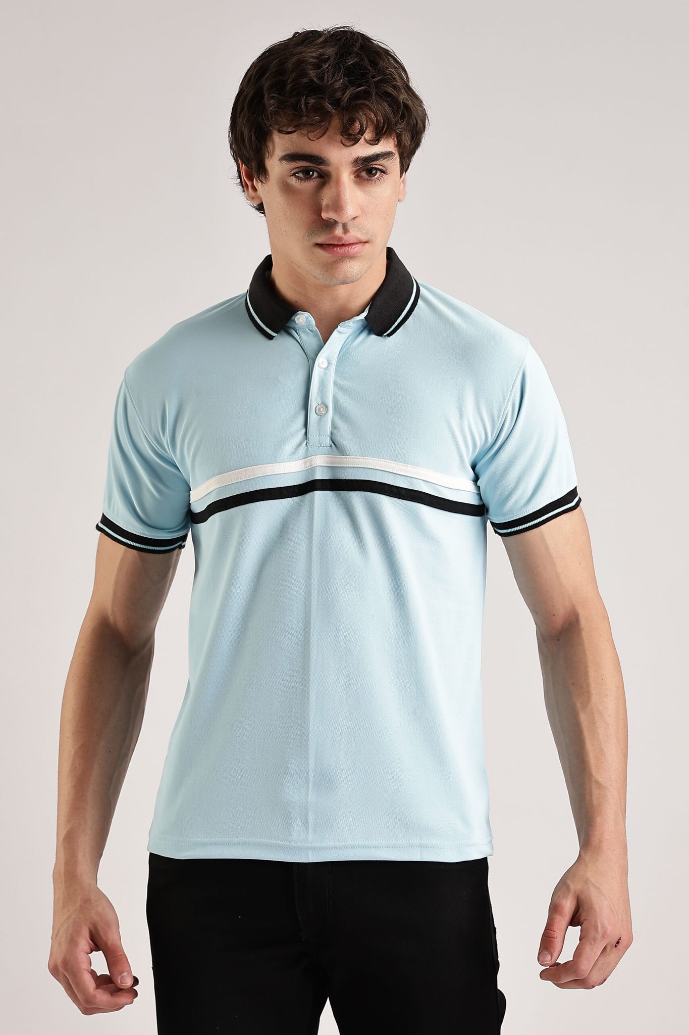 Polyester Sky Blue Striped Polo