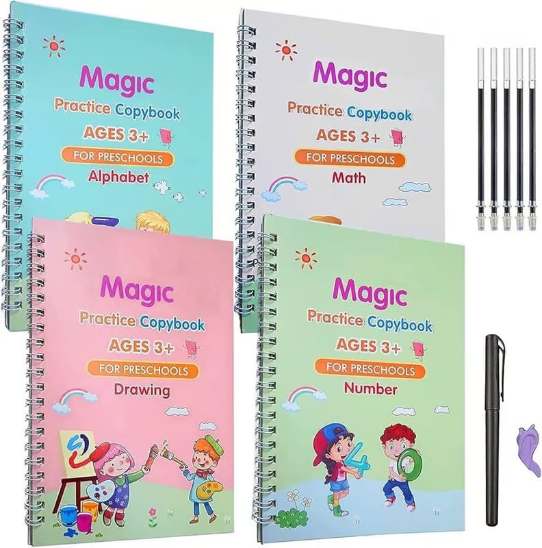 (4 Book+10 Refill) Magic Practice Copybook for Kids Reusable Number & Letter Tracing Books Drawing & Math Practice Books Print Handwriting Workbook for Beginners Preschoolers