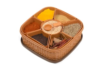 VillWin 7-Section Spice Box Container with Lid, Square Kitchen Masala Dabba Storage Set, 18 x 18 x 6 cm, Brown