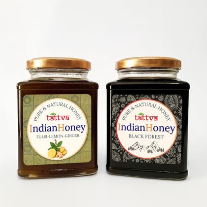 IndianHoney Black Forest with Tulsi Lemon Ginger Honey Combo (Pack of 2) | Pure & Natural | 1kg (500g Each) | Unprocessed & Unfiltered Natural Sweetener