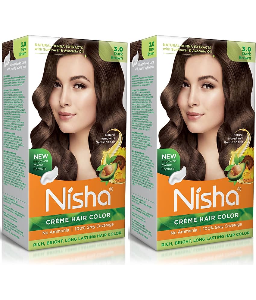 Nisha Creme Hair Color 3.0 Dark Brown 120g Pack of 2, Permanent Hair Colour for Women Men, No Ammonia 100% Grey Coverage