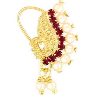 Vighnaharta Gold Plated Mayur design with Peals Alloy Maharashtrian Nath Nathiya./ Nose Pin for women VFJ1007NTH-TAR