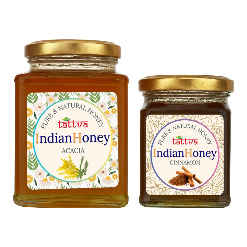 IndianHoney Rajasthan Acacia Honey & Metabolic & Warming Cinnamon Infused Honey Combo Pack (500gm & 230gm)