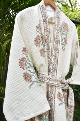 Rust and Green Floral Waffle Cotton Bathrobe Rust and Green Floral Waffle Cotton Bathrobe