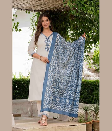 MAUKA Women Cotton Solid Straight Kurti With Palazzo ( Cream )