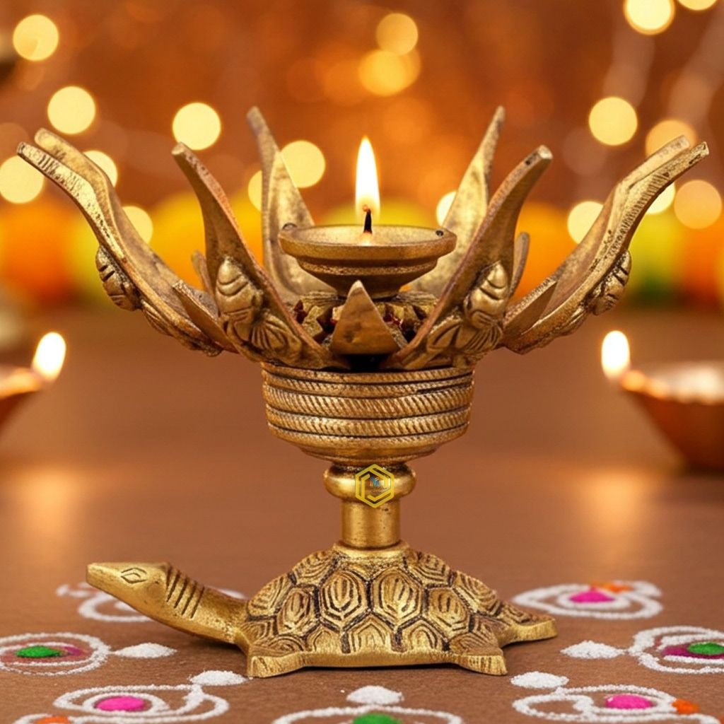 Brass Ganesh Curved Metal Flower Candle Holder On Tortoise (BSMAS1163 A)