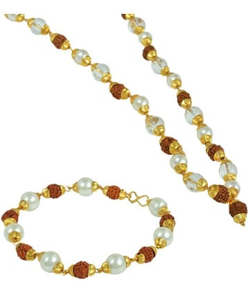 PAYSTORE Gold plated Combo of Original Panchmukhi Rudraksh, White crystal and Pearl necklace and matching Bracelet for Men