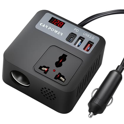Primate 150W Car Power Inverter 12V DC to 220V AC Converter with 2 AC Universal Sockets, USB-C 30W PD & Dual USB QC 3.0 Fast Charging Ports – 4-in-1 Car Laptop & Mobile Charger Plug Adapter Primate 150W Car Power Inverter 12V DC to 220V AC Converter with