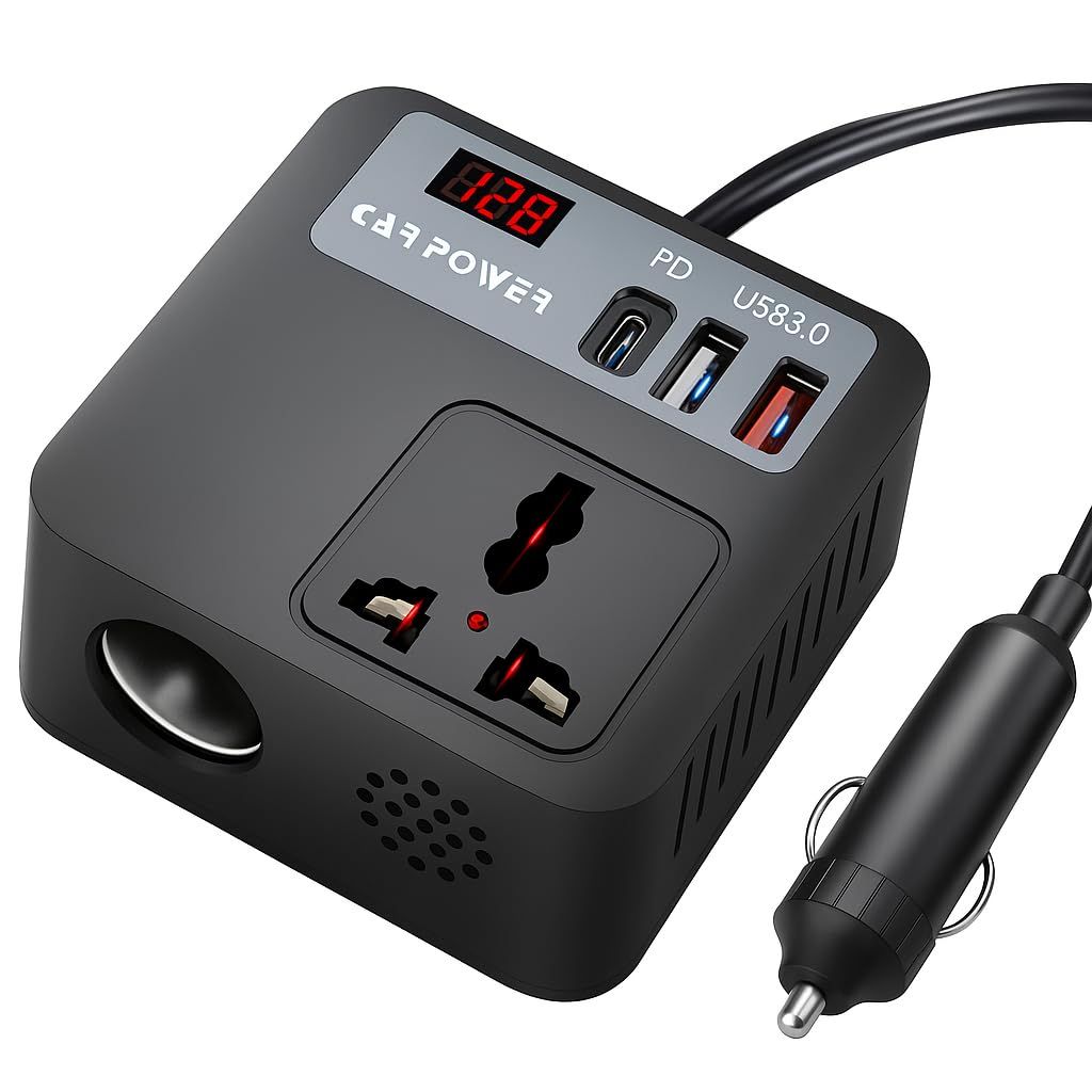 Primate 150W Car Power Inverter 12V DC to 220V AC Converter with 2 AC Universal Sockets, USB-C 30W PD & Dual USB QC 3.0 Fast Charging Ports – 4-in-1 Car Laptop & Mobile Charger Plug Adapter Primate 150W Car Power Inverter 12V DC to 220V AC Converter with