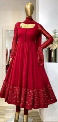 Women's Red Embroidered Anarkali Kurta Set