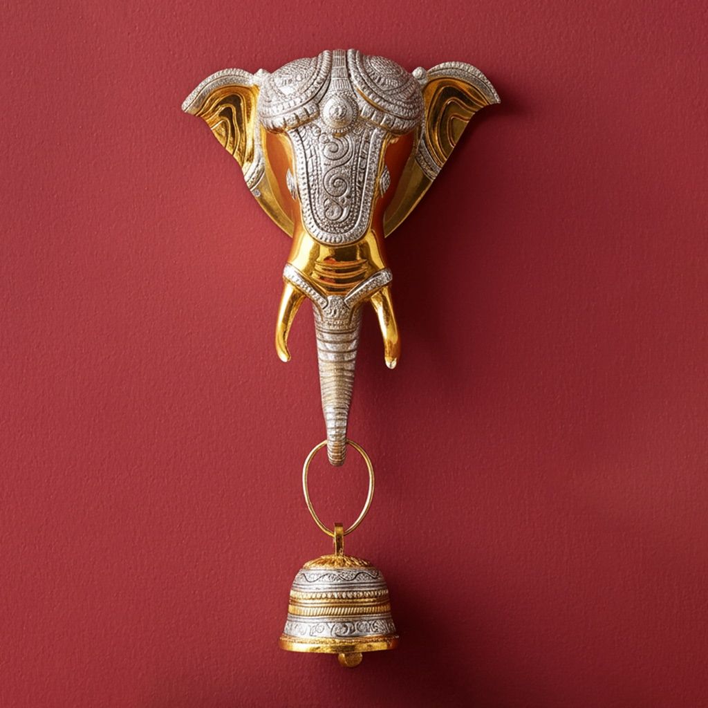 Brass Showpiece Elephant Face With Bell Statue, Height : 10.5 Inch (BSMAS304)