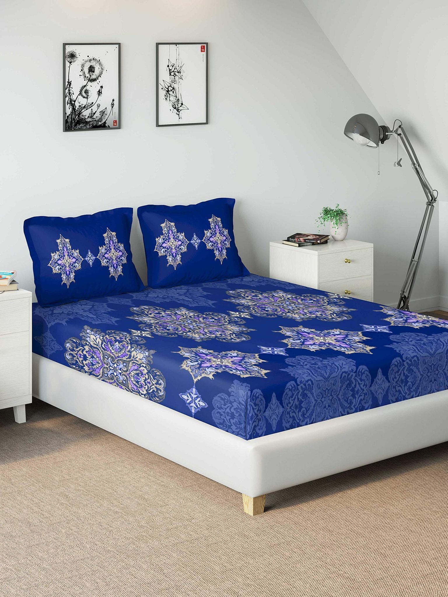 DDECOR - Esteem Collection 100% Cotton Damask Pattern 210TC Super King Bedcover |274 CM X 274 CM| with 2 pillow Covers - Blue