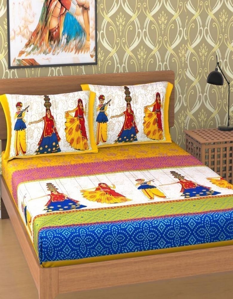 3001-Hometrade India-Standard King Size (90*108 Inches)-Pure Cotton Jaipuri Double Bedsheet With Matching Pillow Cover