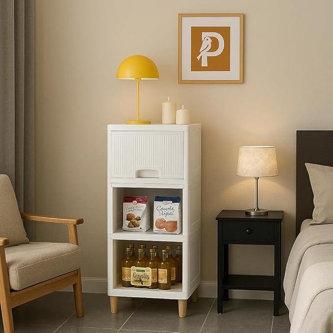 Panchhi Store Cupboard for Bedroom 3 Tier Plastic Wardrobe Cupboard for Storage Foldable Wardrobe for Clothes Modular Kitchen Cabinet Space Saving Collapsible Wardrobe for Room Office Kitchen Bathroom