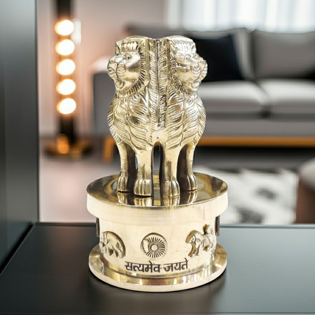 Brass Ashok Lath Statue | National Emblem Decorative Showpiece, Height : 6.5 Inch (FMAS670 X)