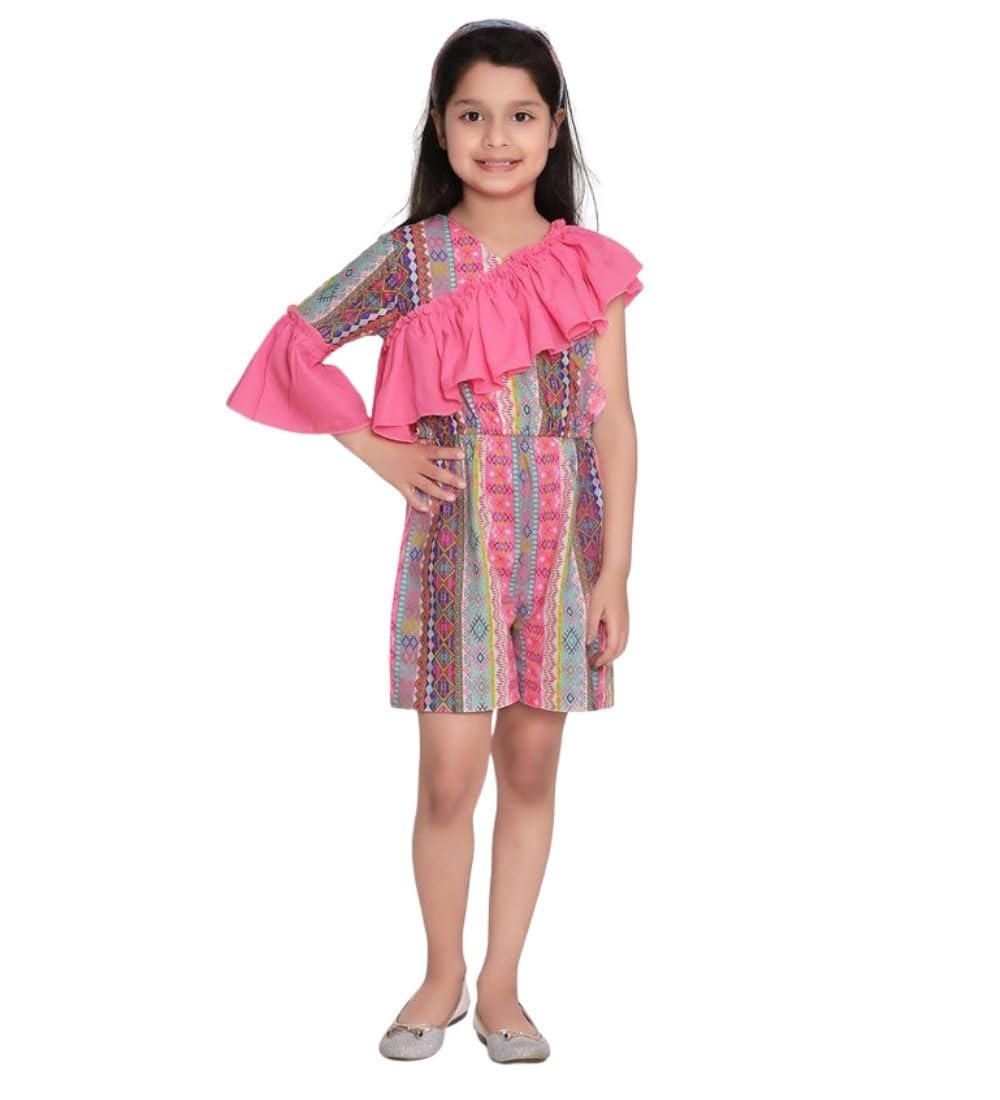 Girl's Cotton & Polyester Printed 3/4th Sleeves Dress (Pink, 4-5-Yrs)-PID66024