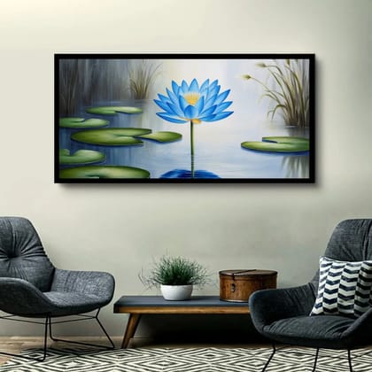 Luminary Lotus Tranquility – Blue Radiance Bloom Museum-Quality Cotton Canvas Art for Serene Living Room Décor | Frame Size (127 X 69 Cm) | Frame Type (Black) | 5-Year Warranty