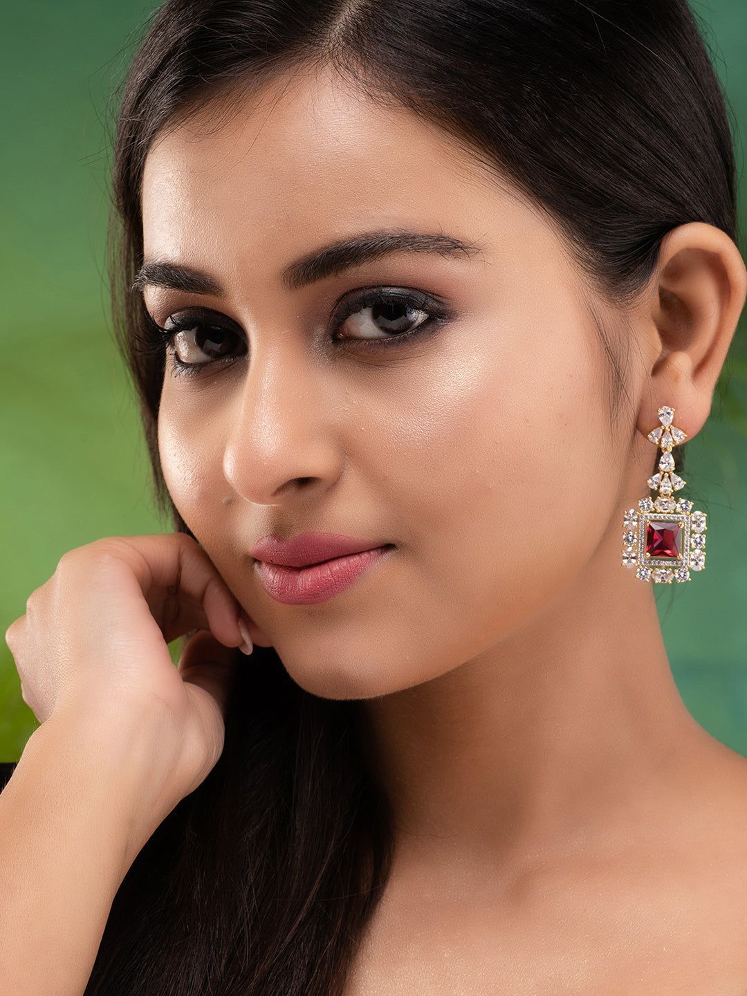 Red & White GoldPlated AD Studded Contemporary Drop Earrings